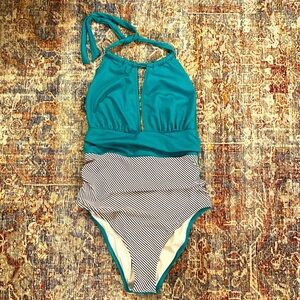 Cupshe one-piece teal with black/white stripes swimsuit NWT
